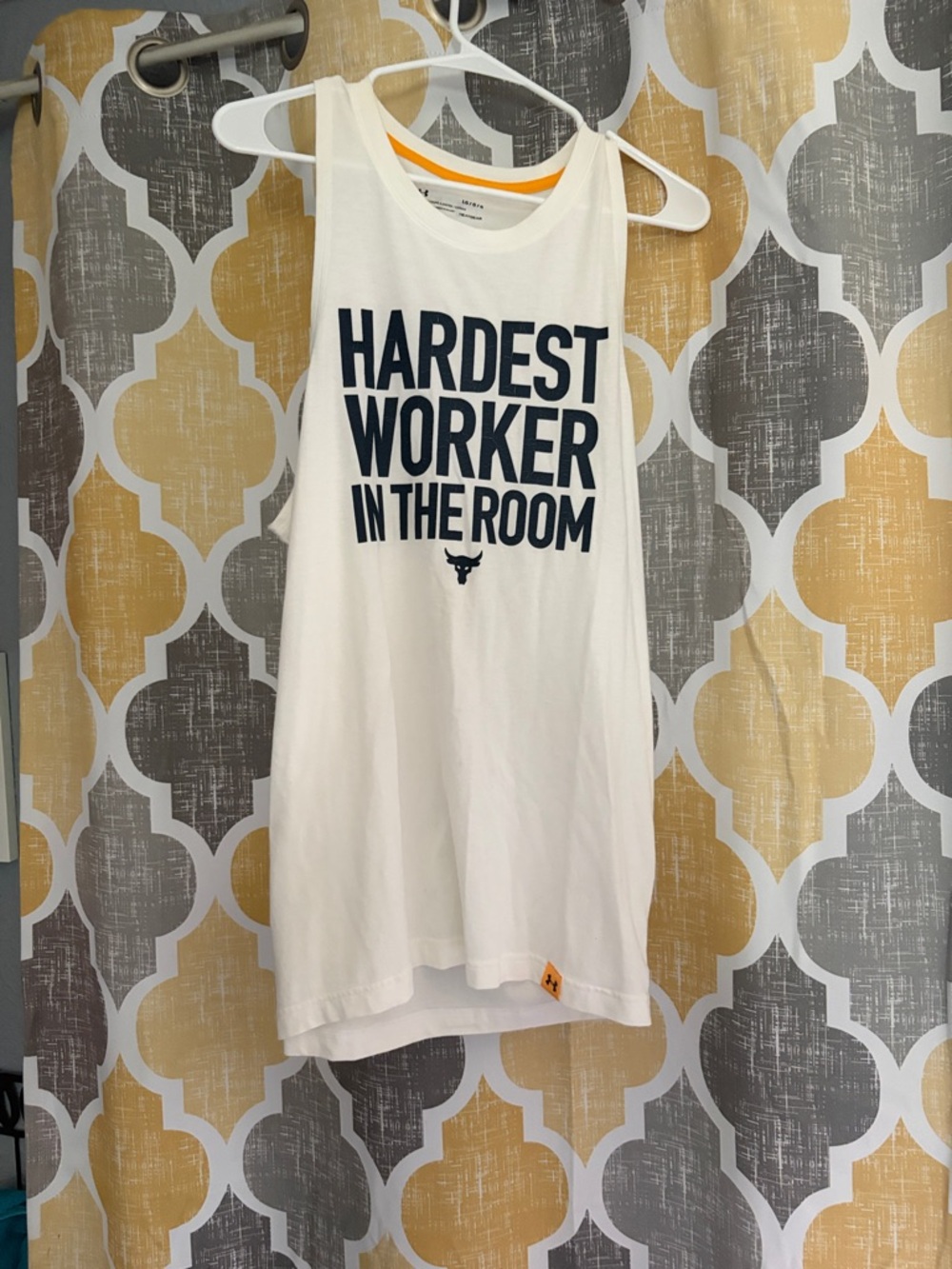 Under Armour White Tank Top with Navy Text - "Hardest Worker in the Room"